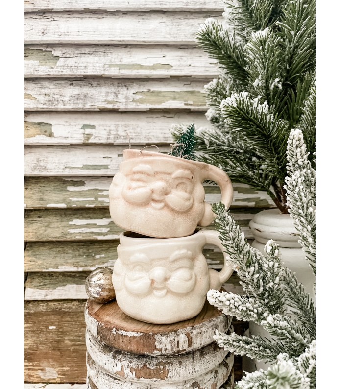Vintage White Holt Howard Santa Mugs - Stained, Crazed - Holiday  